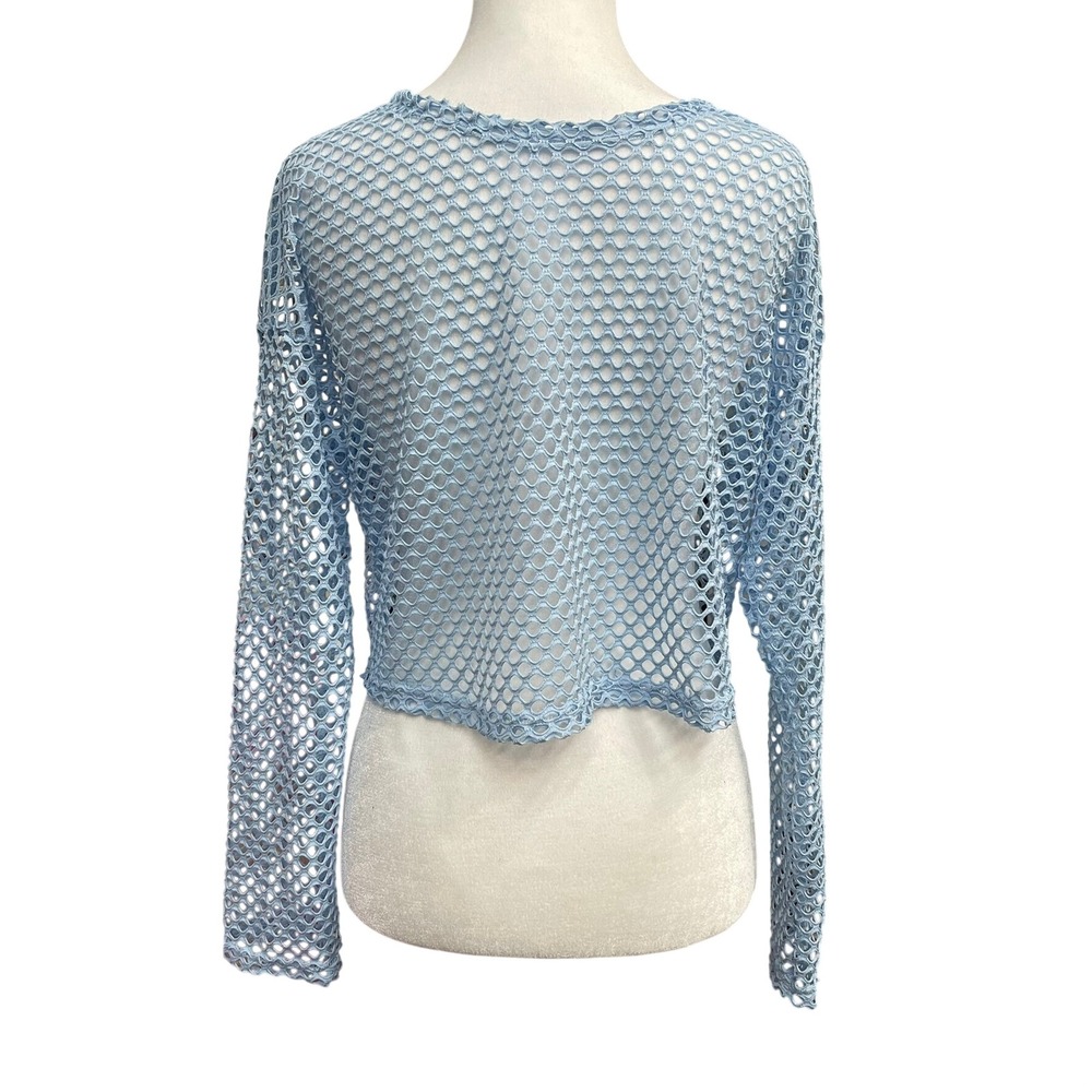 Light Blue Fishnet Mesh Crop Top Long Sleeve Open Knit Festival Shirt Womens - Picture 3 of 3